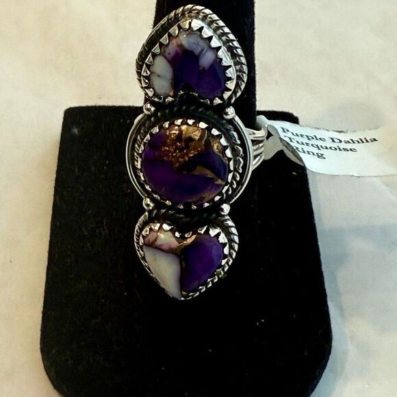Southwestern Purple Copper Dahlia Turquoise Boho Statement Ring Sterling Silver - Picture 5 of 6